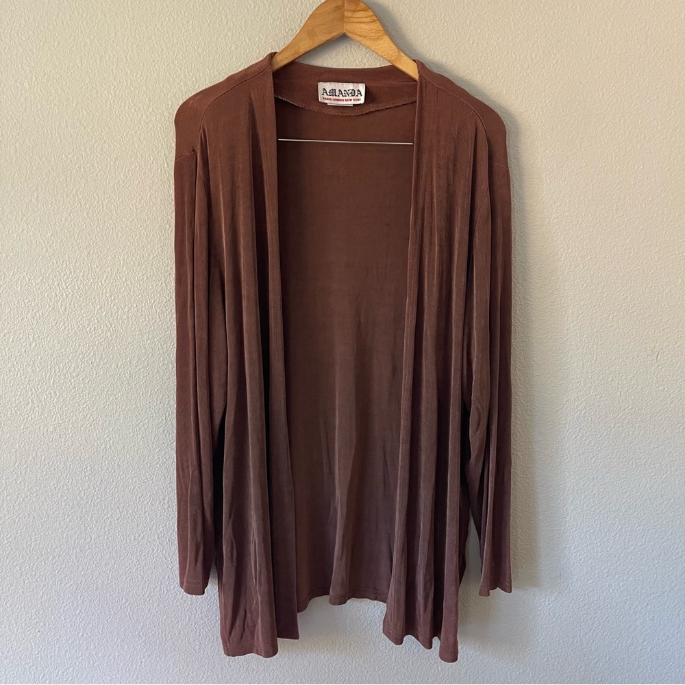 Amanda Y2K Vintage Chocolate Brown Open Front Slinky Longline Cardigan Size XL